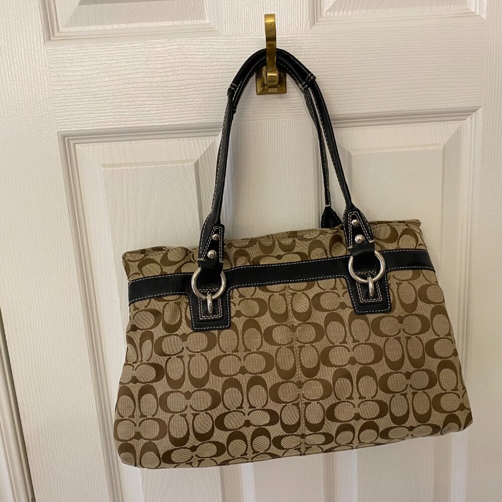 Coach brown logo satchel with black leather trim